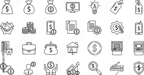 Finance and Business Line Icon Set Featuring Money, Banking, Investment, Accounting, Budget, Profit, and Financial Management Symbols for Corporate Design