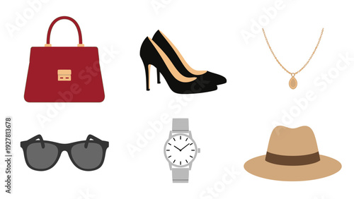 Stylish women's accessories and fashion essentials including handbag heels hat and jewelry