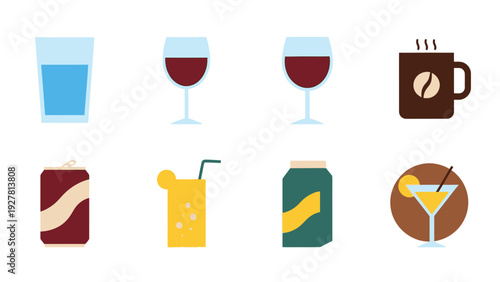 Variety of beverages including water juice wine coffee and cocktails in different glasses and cans