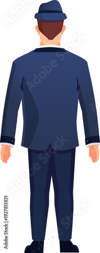 Formal suit character rear view. Standing business man