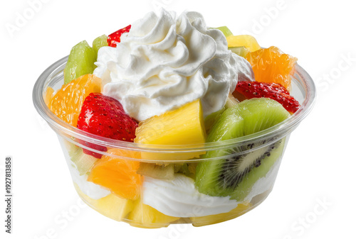 Fresh fruit salad cup topped with whipped cream swirl on transparent background