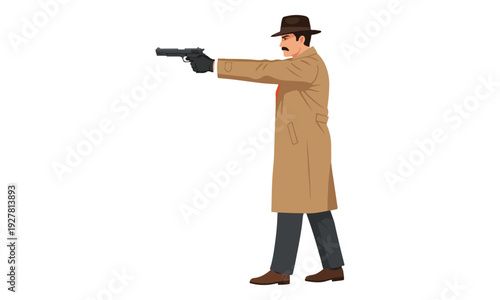 Detective Character with Fedora and Trench Coat Aiming Pistol