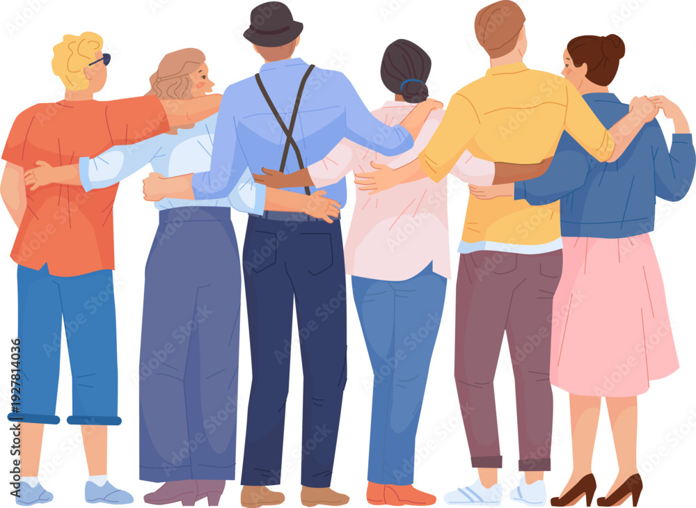 Obraz premium Young people together rear view. Hugging friends