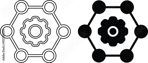 Hexagonal network with central gear icon representing system configuration and interconnected components.