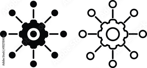 Abstract icon depicting a central gear connected to multiple peripheral nodes, representing system settings, network, or configuration.