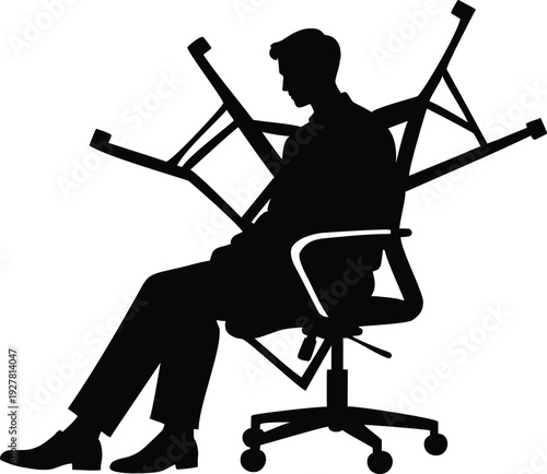 Silhouette of a Businessman Overwhelmed by Office Chairs, Representing Workplace Burnout, Corporate Pressure, and Mental Exhaustion in Professional Environments Flat Vector
