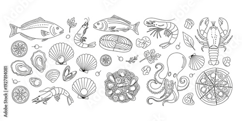 Seafood illustration, black white drawing, fish shrimp, lobster octopus, oysters scallops, lemon herbs, pasta dish, seafood pizza, culinary motif, flat vector artwork