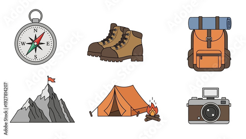 Adventure camping gear and outdoor equipment set including boots tent backpack camera and compass