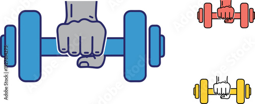 Stylized illustrations of hands holding dumbbells in varied colors and poses representing fitness, strength training, and exercise themes for design use