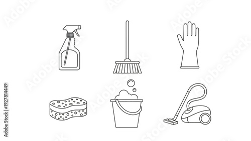 Cleaning and Housekeeping Tools Illustration Including Spray Bottle Broom Sponge and Vacuum Cleaner
