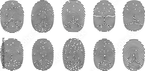 Fingerprint Biometric Pattern Icon Set Featuring Unique Identity, Security, Authentication, and Access Control Symbols in Minimal Black Line Vector Style