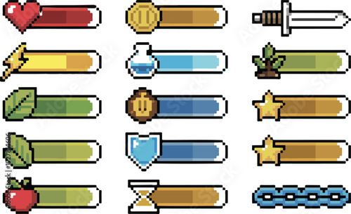 Set of 12 pixel-art status and progress bars with 8-bit icons for retro gaming UI and digital achievement design.