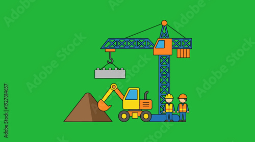 Illustration of a construction site with a tower crane, excavator, and two workers on a green background.