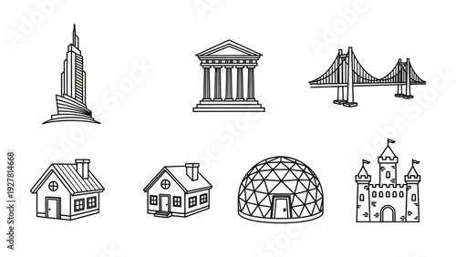 Collection of Black and White Line Art Icons of Famous Landmarks and Structures for Design Projects
