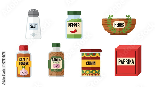 Collection of basic spices and herbs in colorful packaging for culinary use