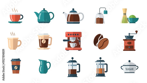 Collection of Coffee and Tea Makers with Fresh Brewed Beverages and Accessories for Kitchen or