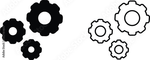 Two sets of three gears, one solid black and one outlined, representing settings or mechanical systems.
