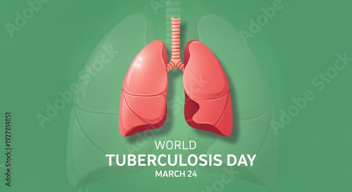 World tuberculosis day poster with lungs and trachea on green background march 24 awareness campaign