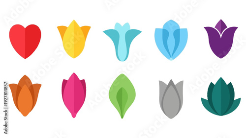 Collection of colorful and stylized tulip illustrations in a horizontal row for design or decoration