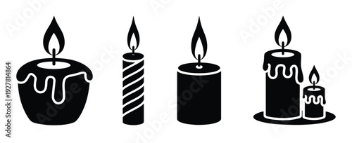 Candle icon black silhouette vector illustration, showcasing a burning flame symbol for birthday celebration graphics, party invitations, and festive design elements.