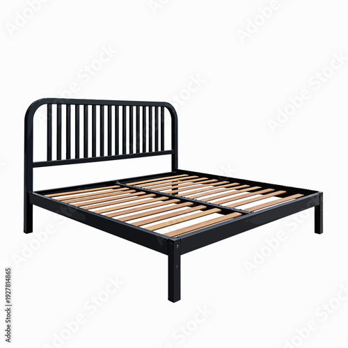 Durable black metal queen size bed frame with a minimalist slatted headboard and sturdy wooden support base perfect for a contemporary bedroom renovation.
