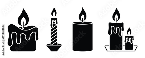 Candle icon black silhouette vector illustration isolated on white background, featuring a flame symbol commonly used for birthday celebrations and decorative designs.