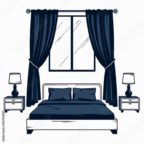 Elegant master bedroom interior featuring a comfortable white bed with dark blue curtains and matching nightstands for a serene and peaceful sleep environment.
