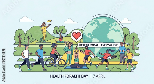 World health day illustration with diverse people exercising outdoors promoting health for all everywhere on 7 april