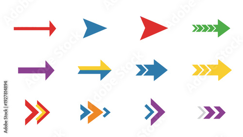 Collection of colorful arrow icons pointing to the right in various styles and designs for graphic
