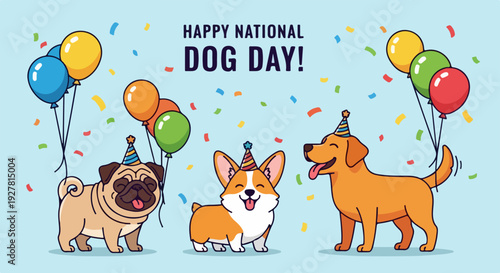Happy national dog day celebration with pugs and corgi wearing party hats and balloons