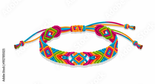 Colorful woven friendship bracelet with geometric pattern and adjustable knot closure on white background