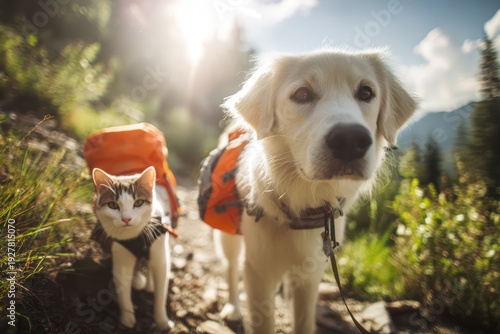 Adventurous pets hiking on a mountain trail