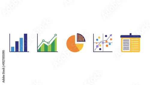 Collection of colorful data visualization icons representing analytics reports and charts