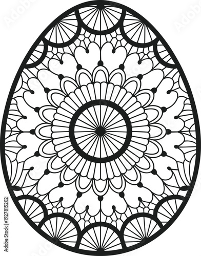 Monochrome egg mandala silhouette vector with intricate geometric patterns
