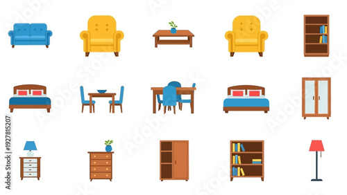 Collection of colorful living room and bedroom furniture icons including sofas beds and storage