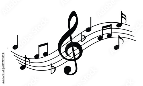 Musical Notes, Treble Clef, Staff Design on White Background