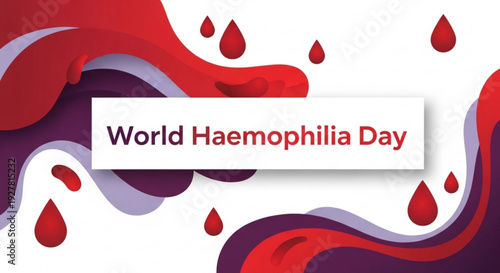 World haemophilia day awareness graphic with blood drops and purple red swirls on white background