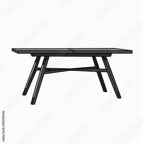 Modern minimalist black dining table featuring a sturdy trestle base and a sleek rectangular top. Versatile furniture for home offices or contemporary kitchens.
