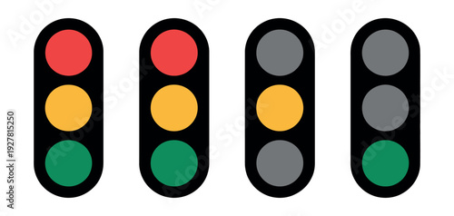 Traffic Light and Street Signal Icon Set featuring a variety of vertical and horizontal traffic lights with red, yellow, and green indicators, perfect for city planning maps, driving school educationa