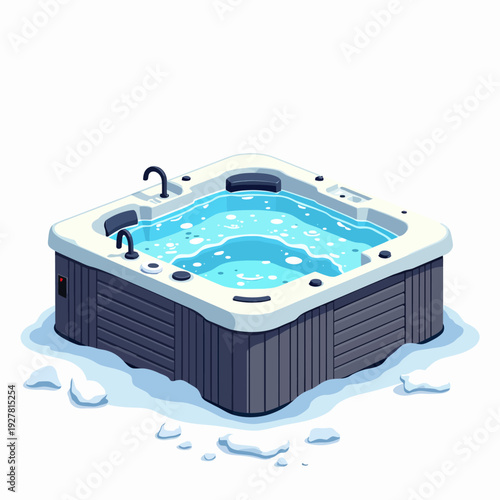 Luxurious outdoor hot tub spa surrounded by snow for winter relaxation and wellness therapy. Perfect for mountain cabin retreats or backyard luxury living.
