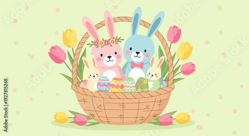 Colorful easter basket with bunnies and tulips on light green background springtime scene