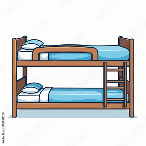 Maximize your children's bedroom space with this sturdy wooden bunk bed featuring built-in ladder and comfortable blue bedding for a fun shared room setup.
