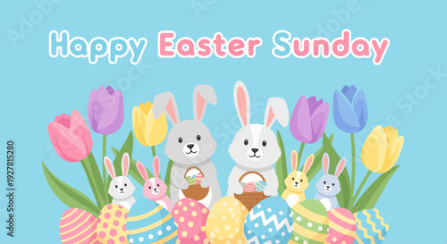 Easter bunny and eggs with colorful tulips on blue background happy easter sunday celebration