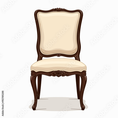 Exquisite vintage wooden dining chair with ornate carvings and cream white upholstery perfect for a sophisticated formal dining room or boutique shop decor.
