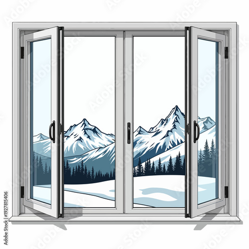 Enjoy a breathtaking alpine view from your home with this stylish white frame casement window opening to a majestic snow covered mountain landscape.
