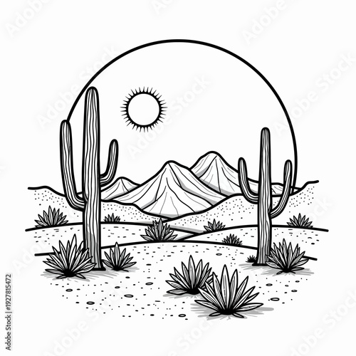 Discover a peaceful desert landscape coloring page featuring saguaro cacti and majestic mountains for a creative mindfulness and relaxation activity.
