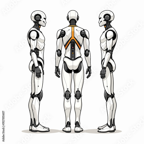 Humanoid robot character design sheet featuring side and back profile views for futuristic science fiction gaming development and advanced artificial intelligence concepts.
