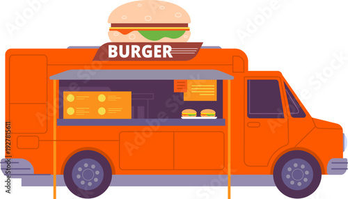 Burger food truck. Festival vendor cartoon icon