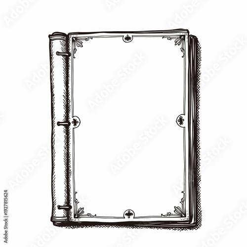 Vintage open book with ornate decorative border and blank pages ideal for historical journals fairytale storybooks or antique wedding guestbook design mockups.
