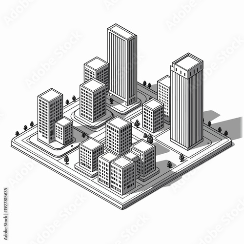 A detailed grayscale isometric 3D illustration of a modern metropolitan city block featuring skyscrapers for urban planning and real estate concepts.
